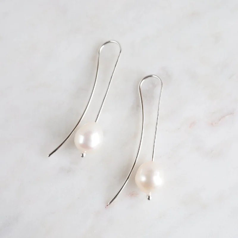 Large Fresh Water Pearl On Long Silver Wire Earrings