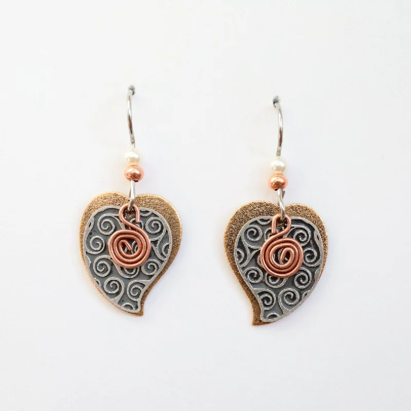 Silver Pattern Heart with Copper Swirl Earrings