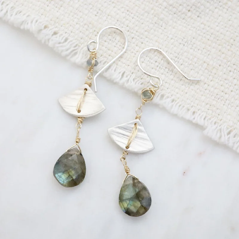 Long Silver Fan with Labradorite Earrings