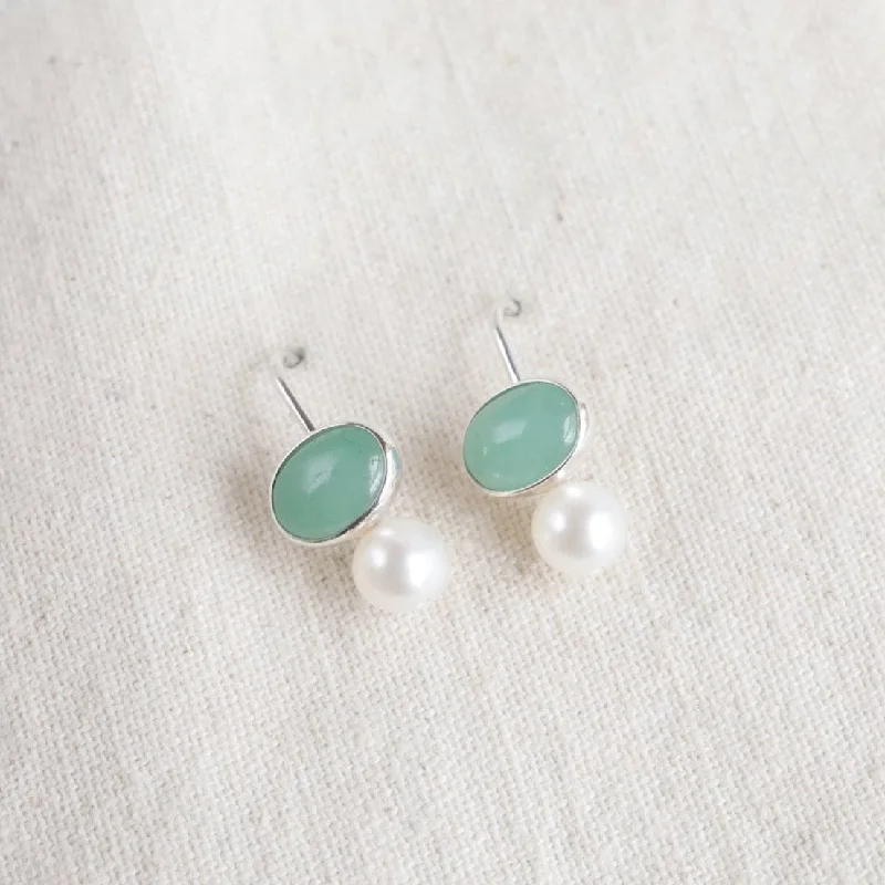 Oval Aventurine Cabochon & White Pearl Earrings