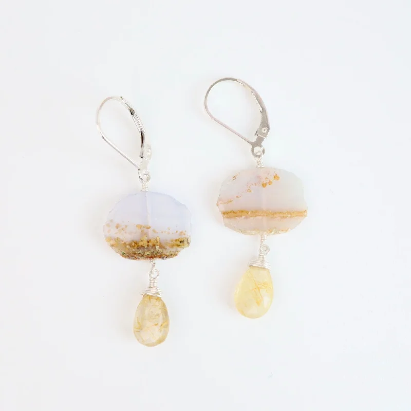 Chalcedony Slice with Rutilated Quartz Earring