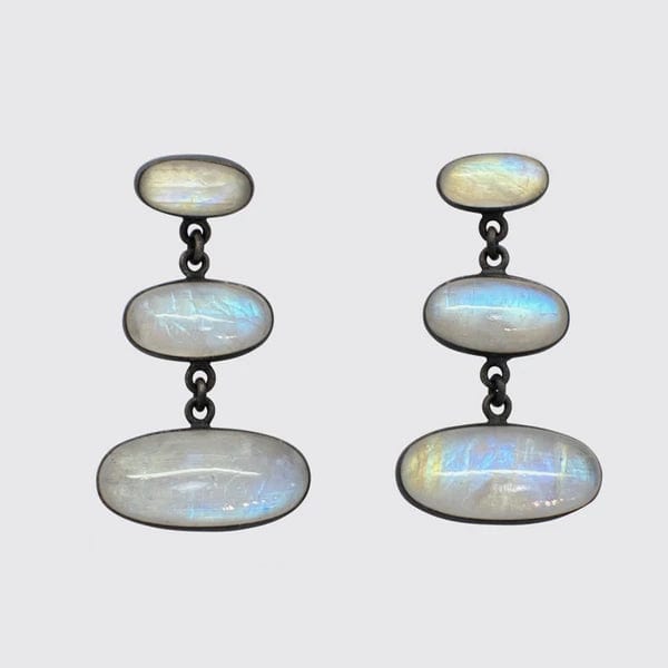 Large Triple Oval Cabochon Rainbow Moonstone Earrings