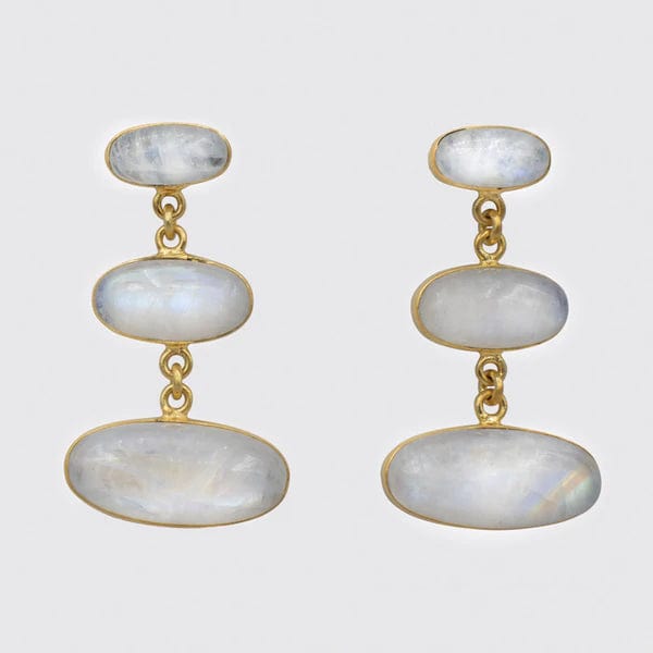 Gold Large Triple Oval Cabochon Rainbow Moonstone Earrings