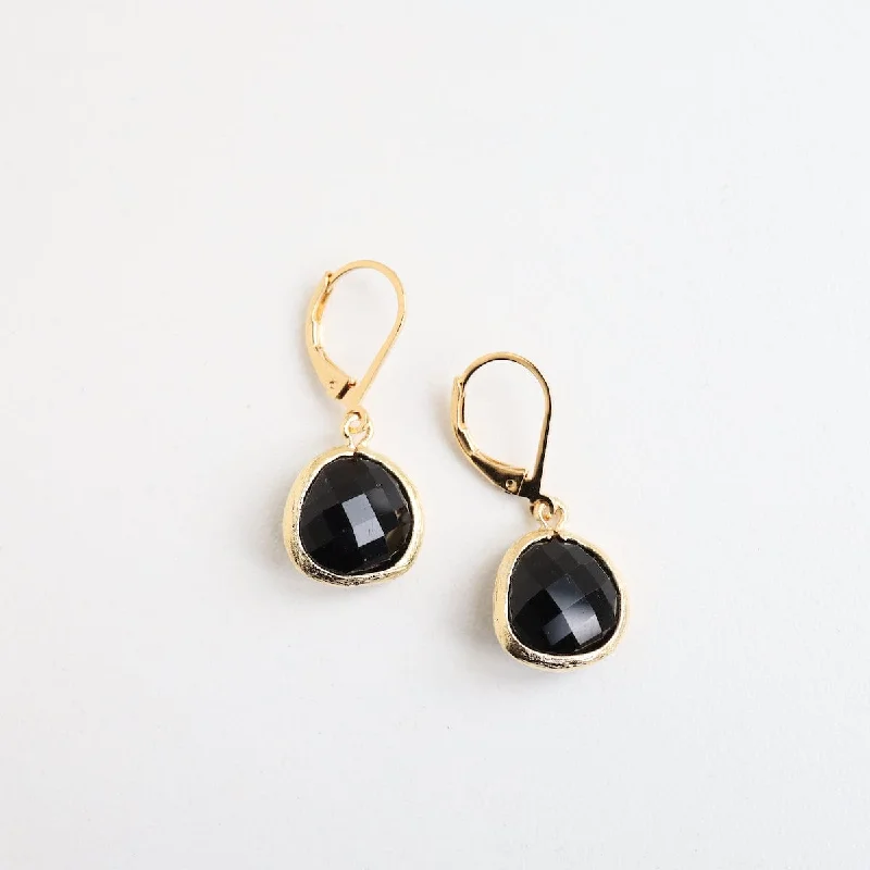 Gold Plated Black Glass Lever Back Earrings