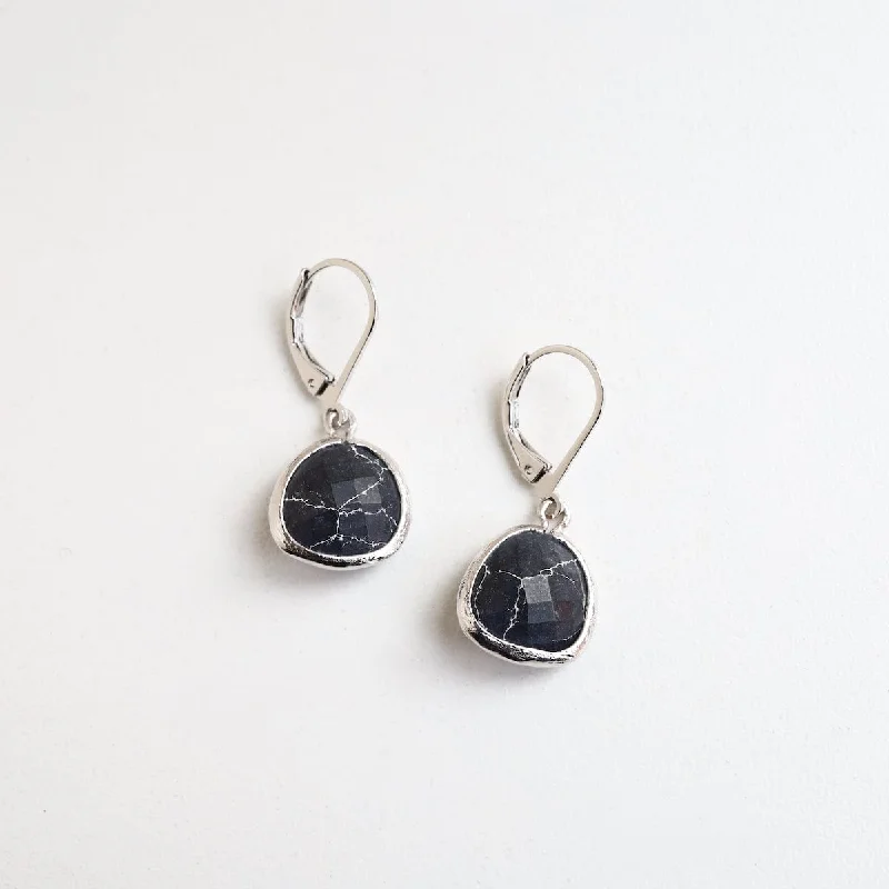 Silver Black Howlite Lever Back Earring