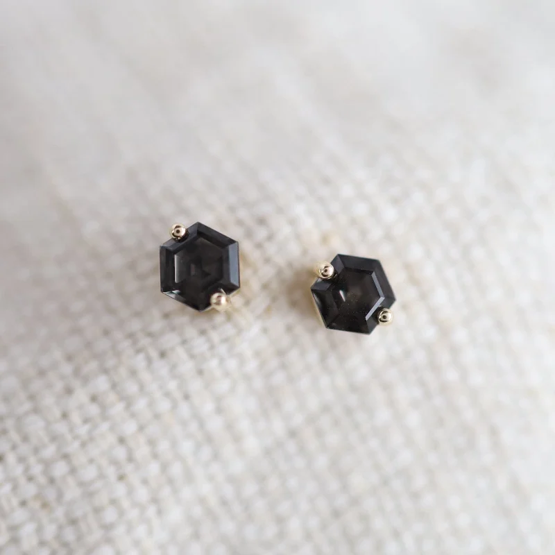 Yellow Gold Hexagon Black Night Quartz Earrings