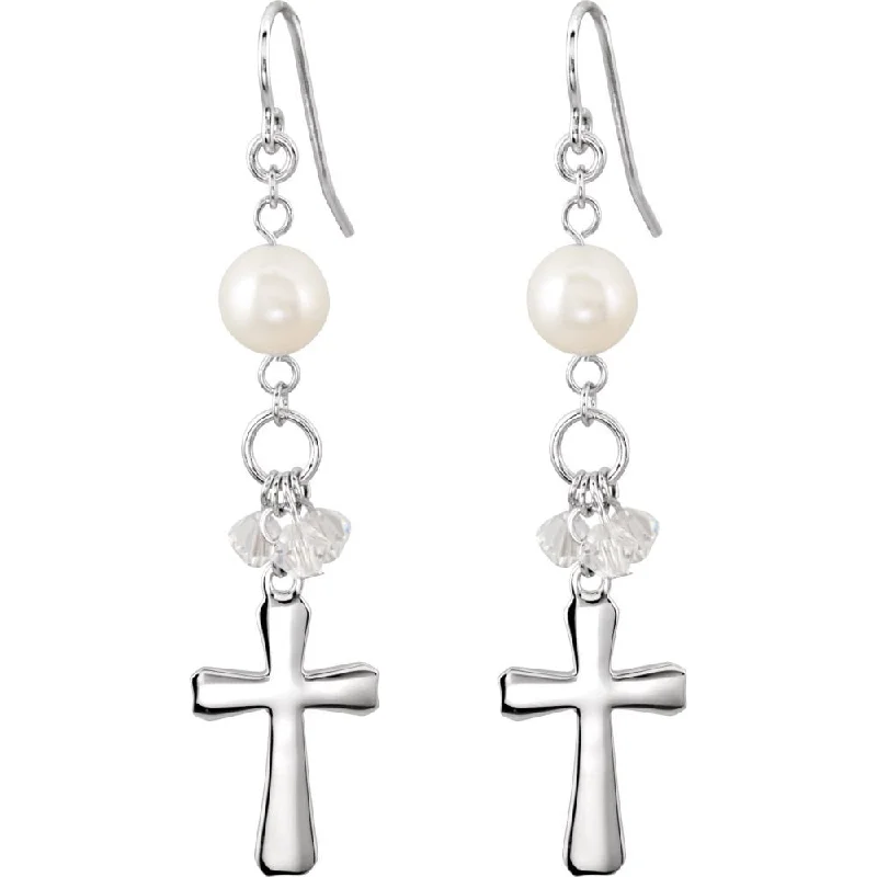 Rhodium Plate Sterling Silver Freshwater Pearl Cross Earrings